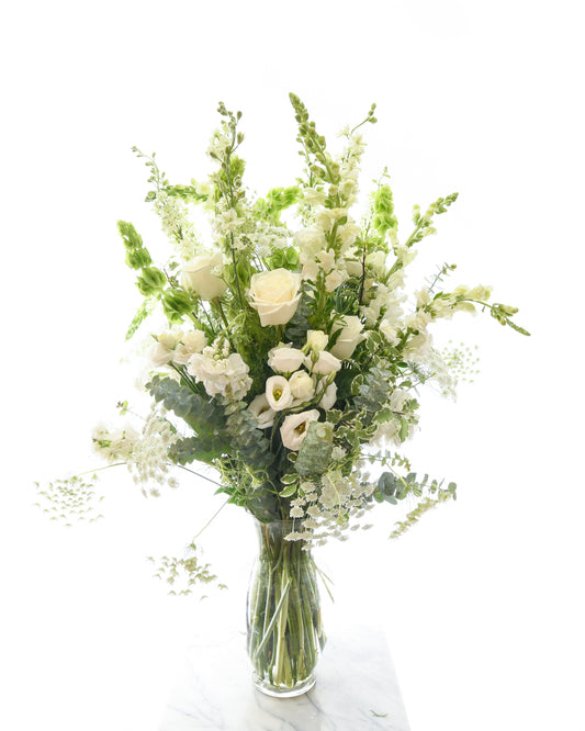 White rose and lily arrangement for sympathy – Brazos Floral Houston