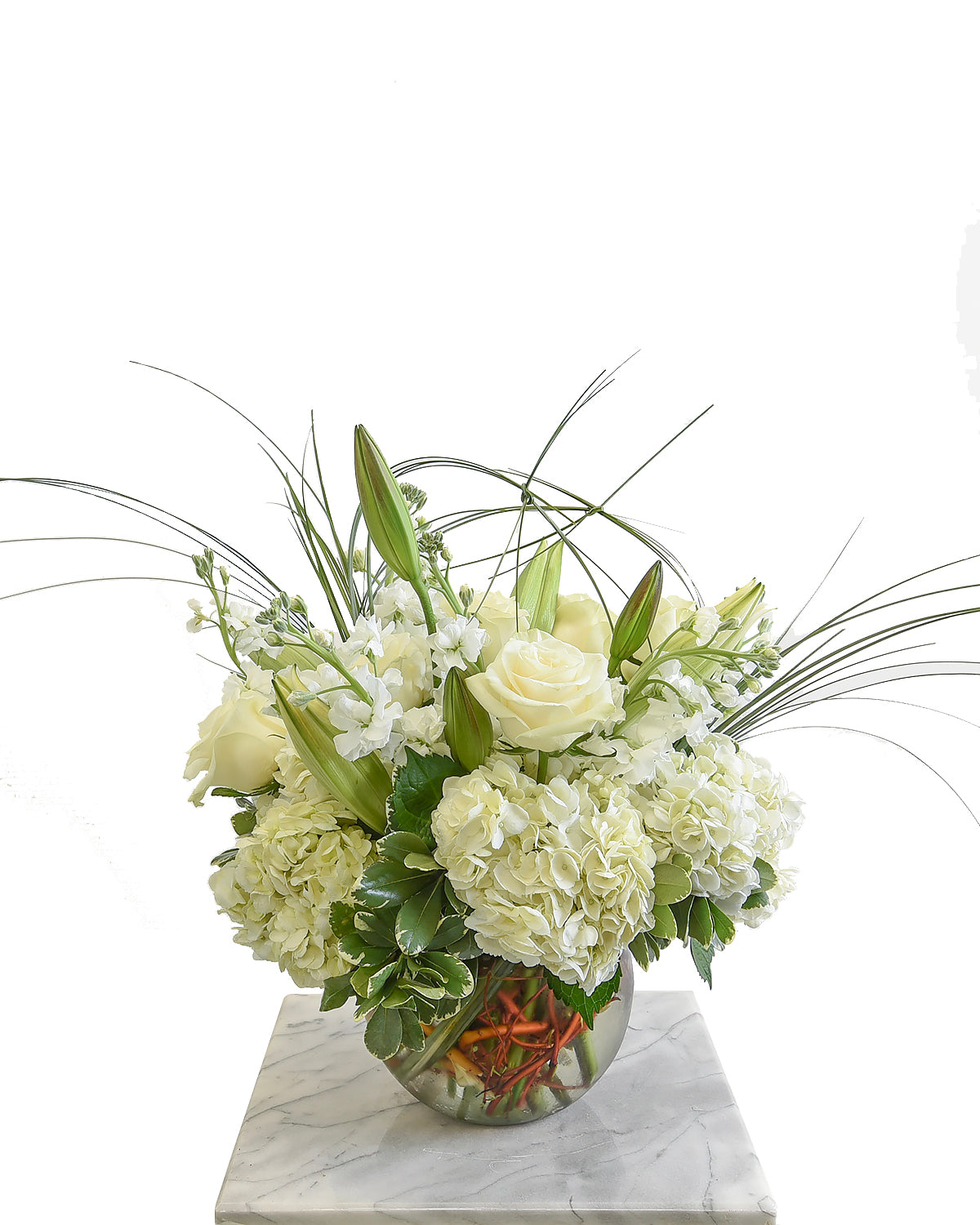 White rose and hydrangea arrangement with lilies for sympathy – Brazos Floral Houston
